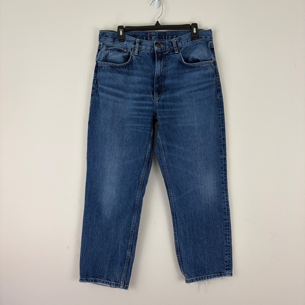 Zara‎ Womens High Rise Straight Leg Jeans Mid Wash Blue Raw Hem Size 12 0684
